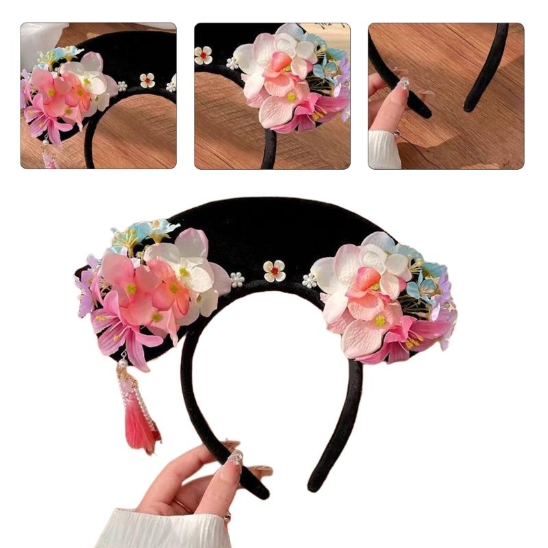 Ancient Chinese Qings Costume Flower Hairband Wedding Hairband Theme Party Gathering Headband Stage Performances Props