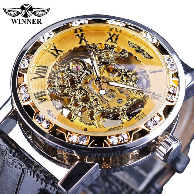 Winner Fashion Diamond Dial Men's Mechanical Watch Skeleton Watch Black Gold Retro Luminous Pointer PU Belt Mesh Belt Steel Belt