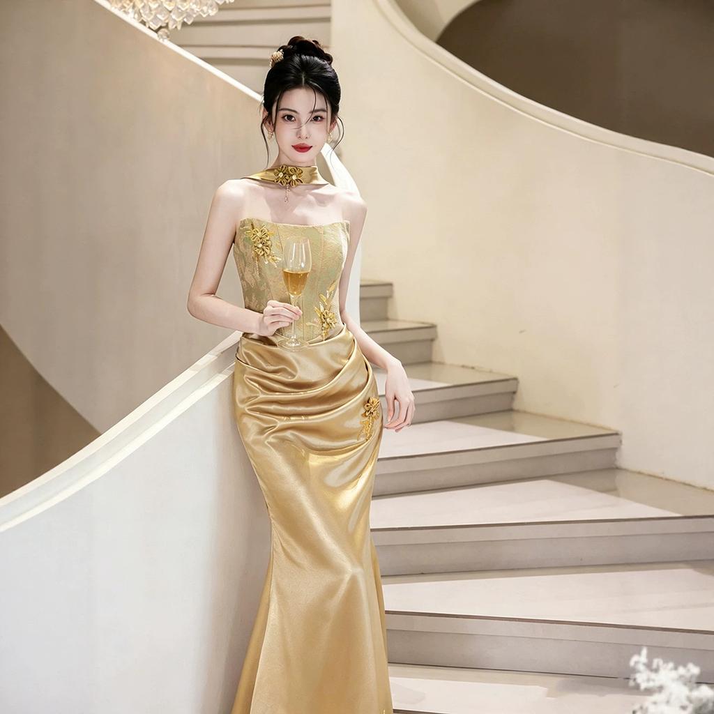 New Chinese champagne bridal wedding toast morning robe new tube top engagement national style light luxury evening dress