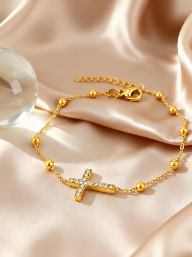 Dainty Cubic Zirconia Cross Bracelet Stainless Steel Thin Link Beads Chain 18K Gold Plated Bracelets for Women Luxury Jewelry