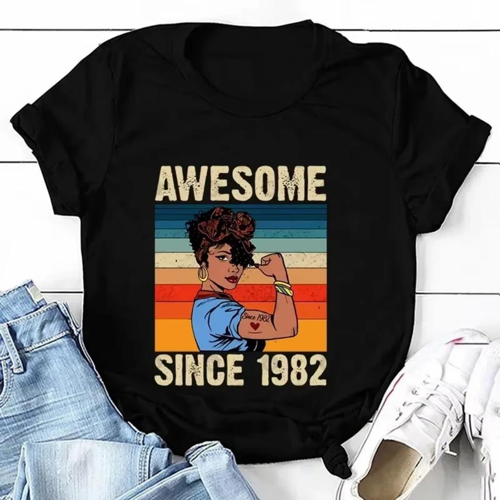 Vintage 1982 Tee Shirt Women Tees Camisetas Mujer Short Sleeve T Shirts T-shirts for Women Awesome Since 1982 Top Women Tshirts