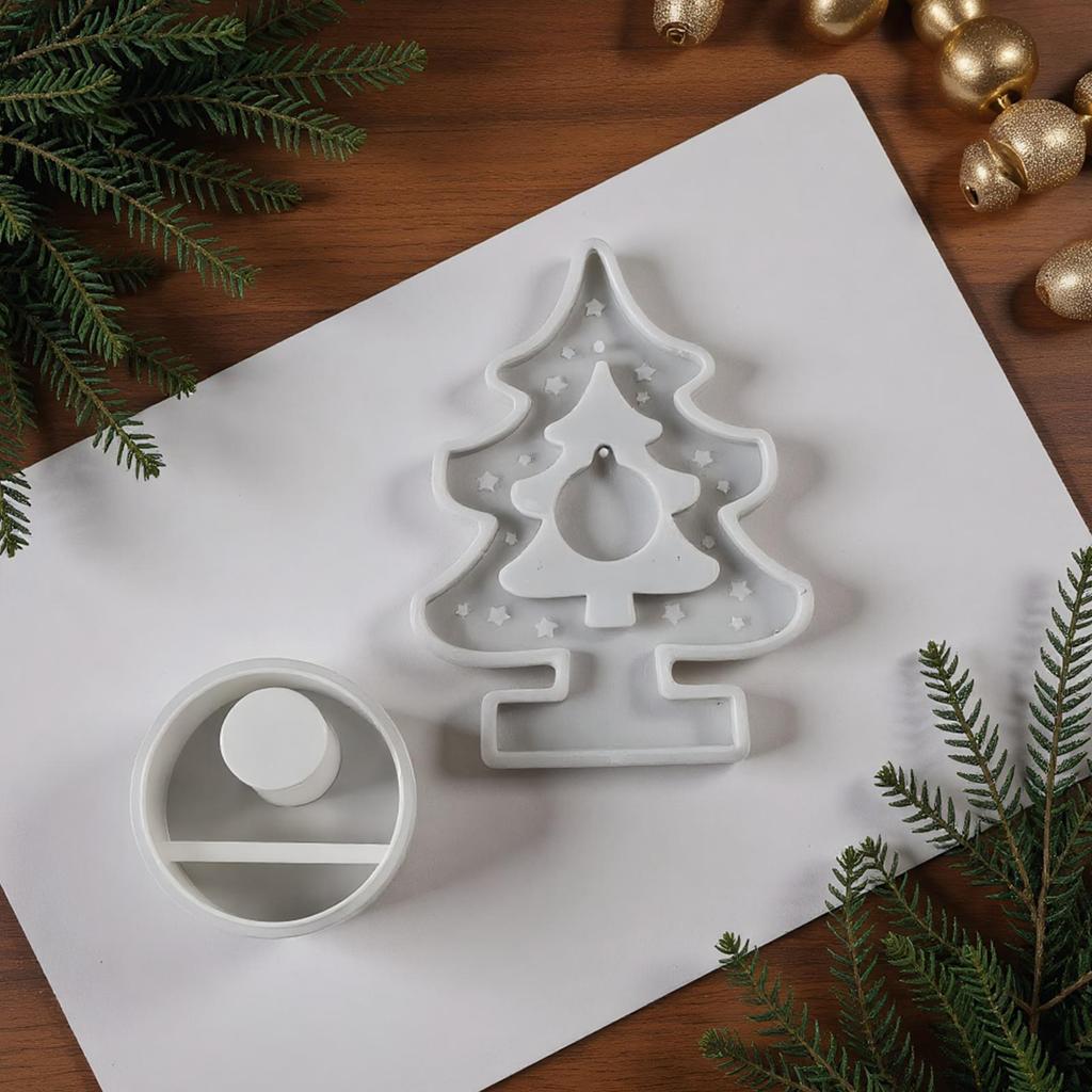 Moule Porte-Bougie Sapin de Noël 2 Pièces Moule Béton Art Artisanat Pour Table Décoration Maison Chambre Fête Dîner Pièce Maîtresse
