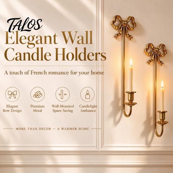 Wall Mounted Candle Holder 2Pcs Holders, Metal French Style Taper Sconces, Retro Home Soft Furnishing Bow with Wax Tray for Living Room Bedroom Dining