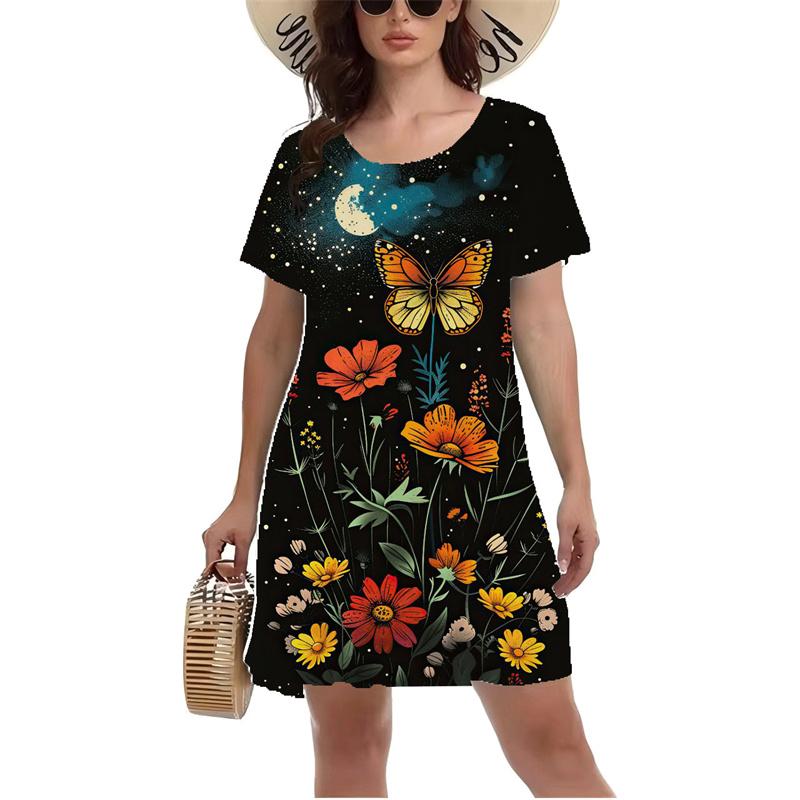 3D Colorful Butterfly Printed Dress Summer Short Sleeve O-neck Casual A-Line Dresses Fashion Lady Beach Vacation Dress Vestidos