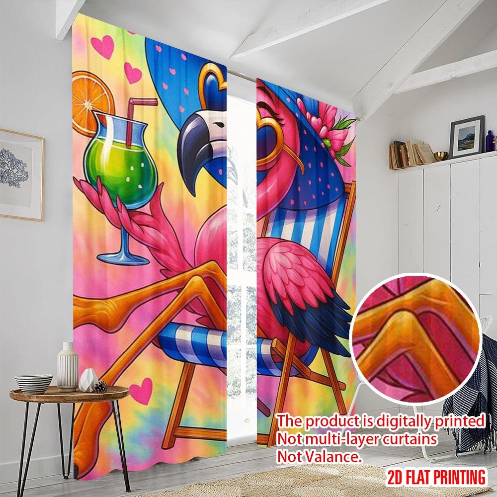 2pcs,2D plane printing Curtains&Window Treatment Relaxing Flamingo Versatile 100% Polyester (without rod) Outdoor Decorations