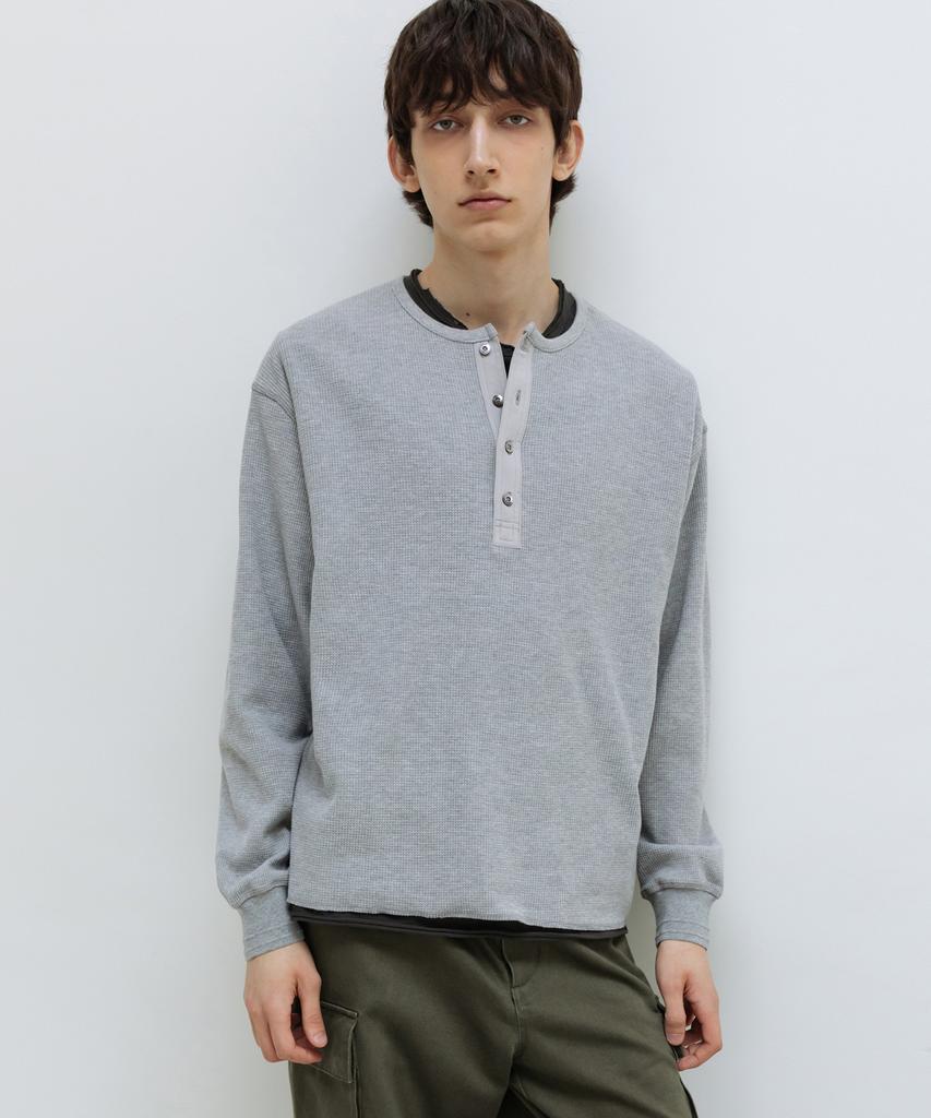 INSILENCE Waffle Henley Neck Long Sleeve Melange Grey
