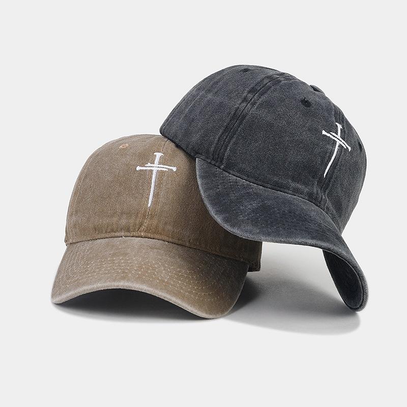 Cross Nail Baseball Cap for Men and Women's Fun Adjustable Soft Top Washed Old Cotton Hat Fashionable Personalized Cap