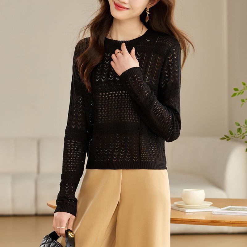 Long-sleeved hollowed-out knitted pullover, new summer thin sunscreen, short elegant blouse, sweater for women