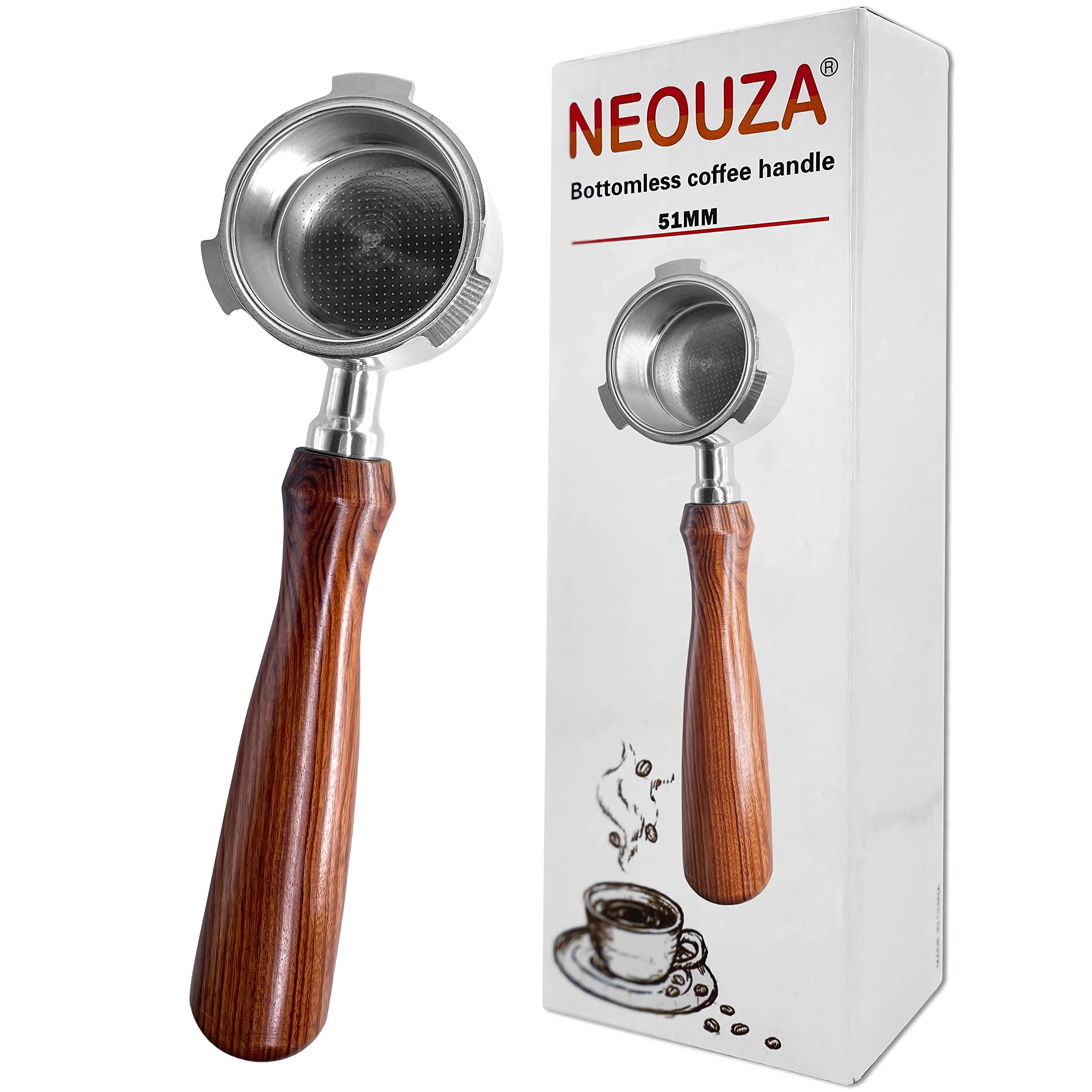 

NEOUZA 51mm Bottomless Ported Espresso Designed for DeLonghi 304 Stainless Steel with Rosewood Finish Filter,