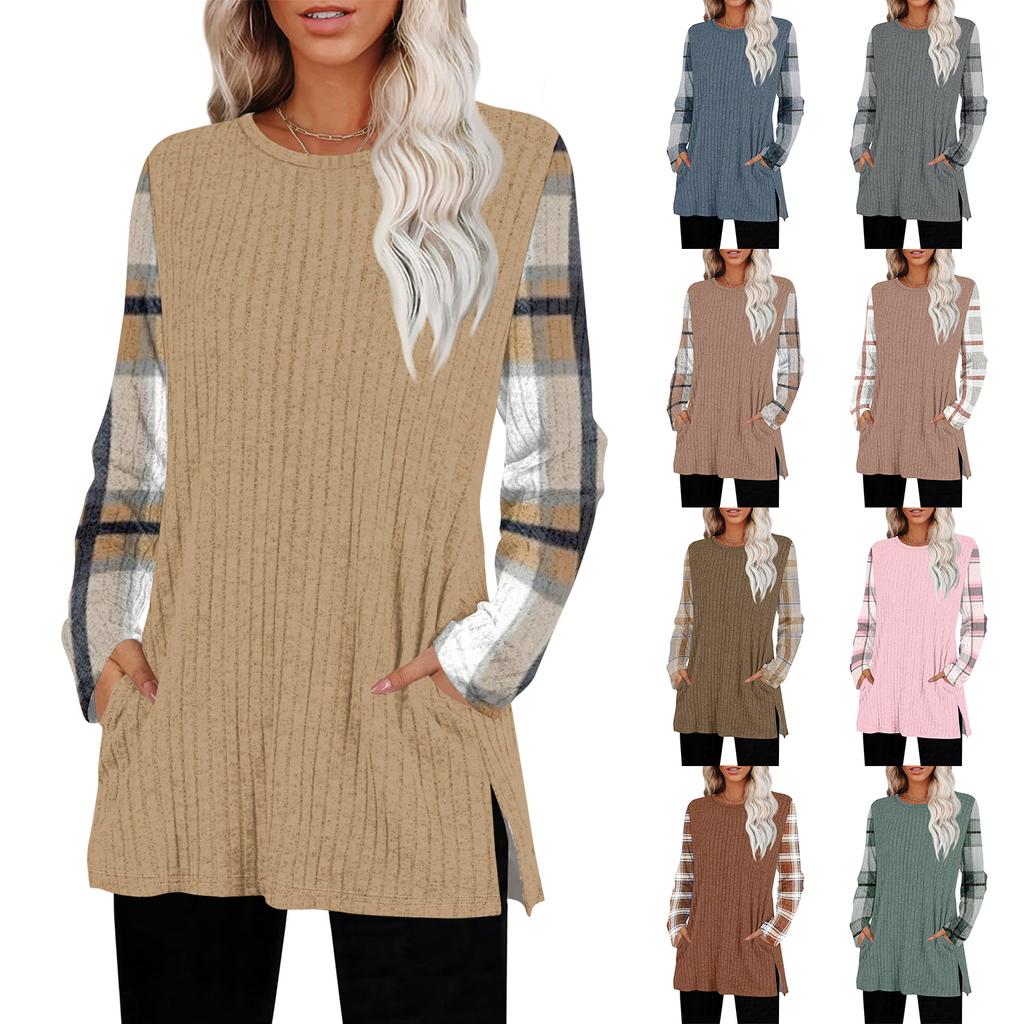 Women's Striped Printed Round-neck Long-sleeved Top With Pockets And Side Slits