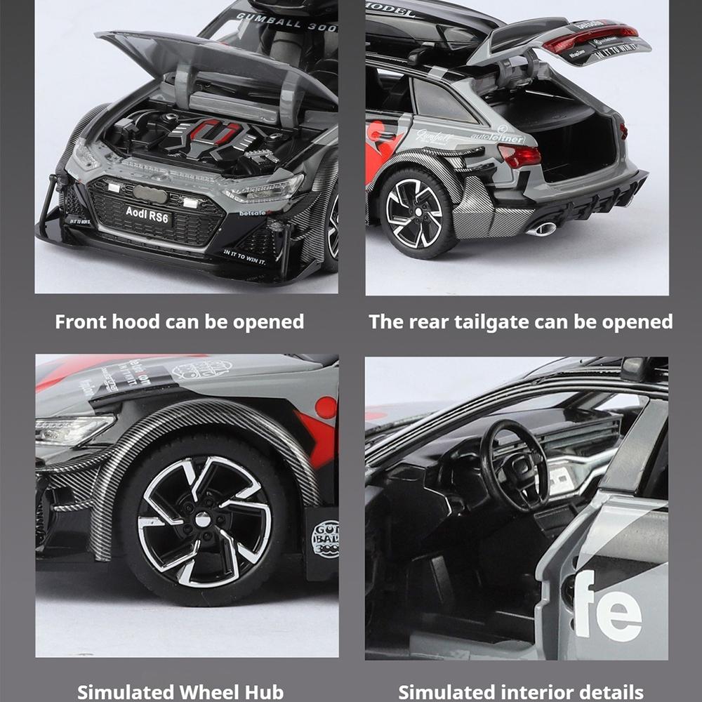 1:32 R8V10 RS6 Sports Car Toy Model Alloy Body Rubber Tires Models Sound Light Pull Back Supercar Collection Gifts for Children