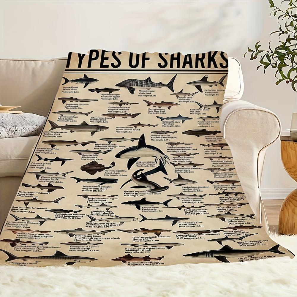 Educational Shark Species Art Blanket - Marine Life Illustration with Scientific Names All-Season Throw for Sofa, Bed & Office