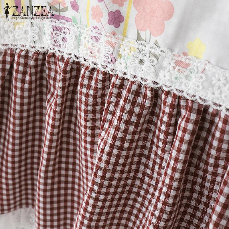 ZANZEA Women Casual Patchwork Doll Collar Loose Long Sleeve Plaid Blouse