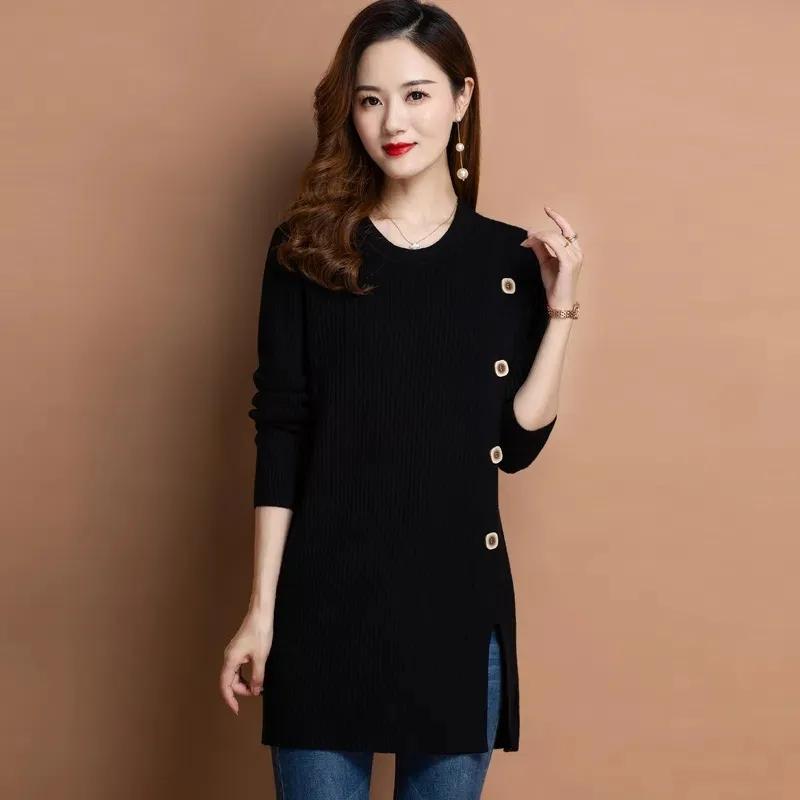 Женский повседневный свитер однотонный большого размера пуловер весна-осень женский свободный свитер с длинным рукавом длинный джемпер Feminima 4XL 4XL чёрный 3337₽