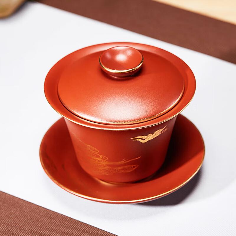 Handmade Yixing Zisha Gaiwan with Gilded Crane Design