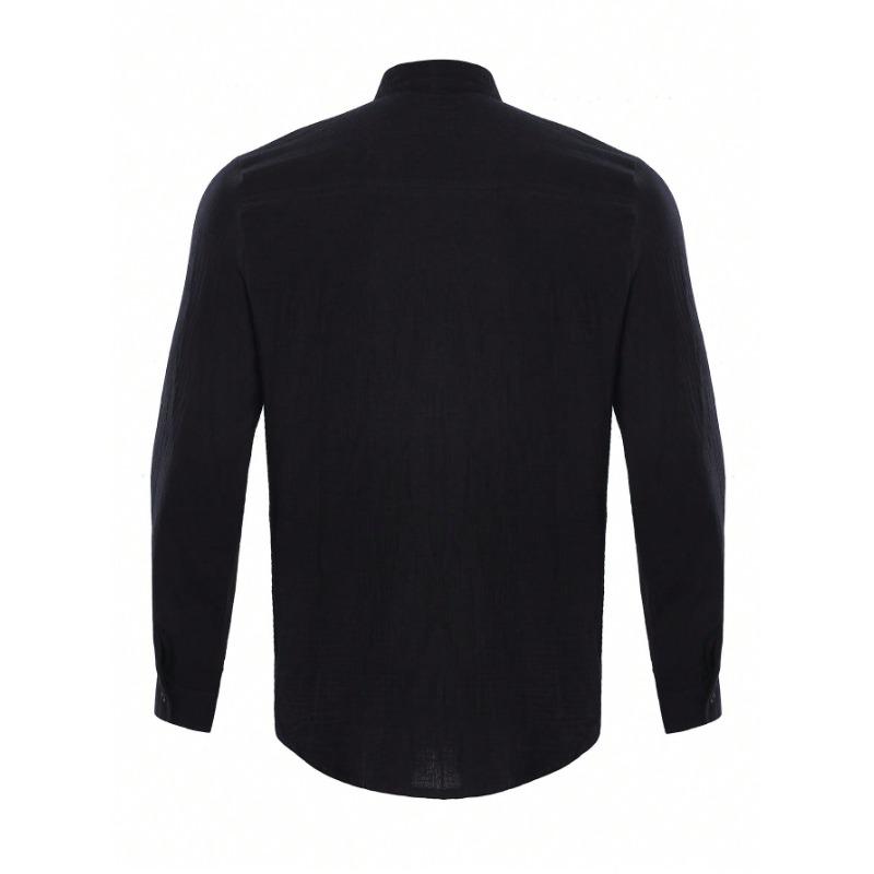 Mens Long Sleeve Stand Collar Solid Color Casual Beach Shirt