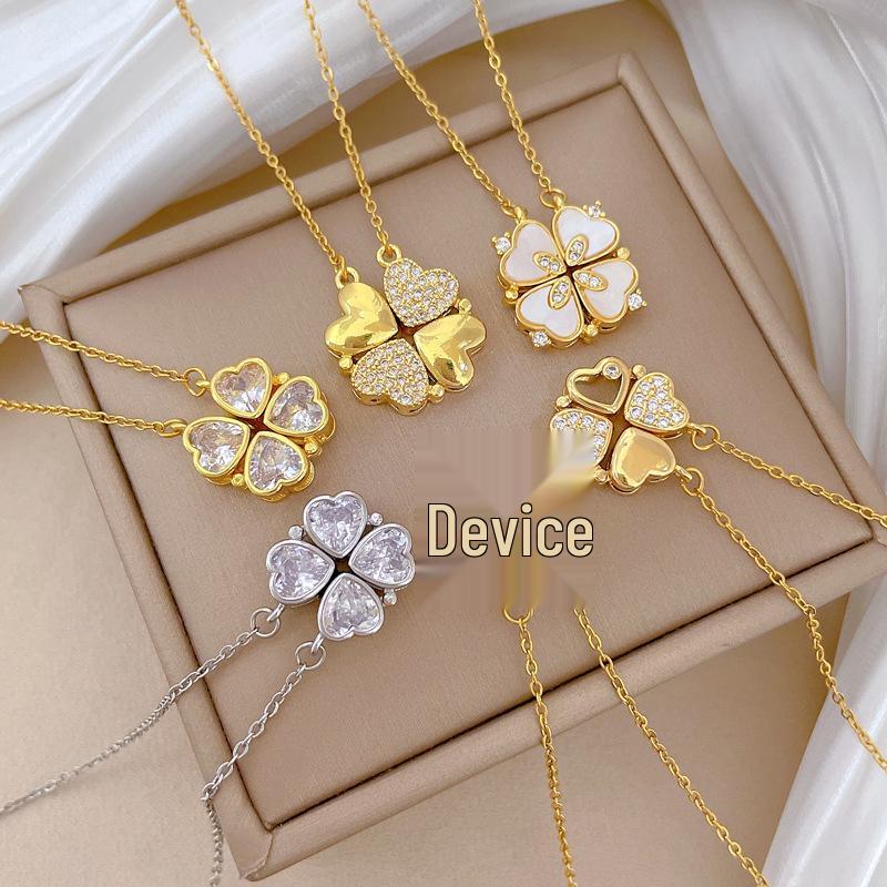 Versatile Titanium Steel Women's Necklace: Heart-to-Heart Two-Way Four-Leaf Clover Clavicle Chain with Full Diamonds
