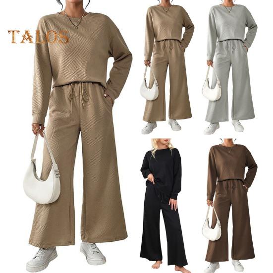 2 Teile/satz Frauen Top Hosen Anzug O Hals Lange Ärmel Einfarbig Sport Sweatshirt Kordelzug Elastische Taille Breite Bein Hosen Fitness Outfit Herbst Frühling