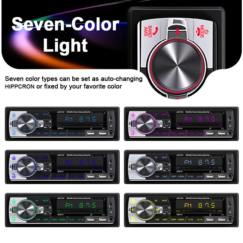 Car MP3 Radio 1 DIN Car Bluetooth Player 7 Colorful Lights Stereos for Car Universal 12V FM Music Radio with Steering Wheel Controller USB Charging