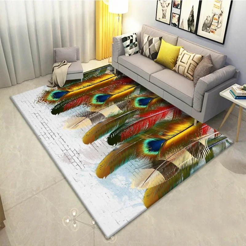 Feather Print Crystal Velvet Home Carpets for Living Room Decor Quality Wrapping Edge Rugs for Bedroom Dirt Tolerance Floor Mat