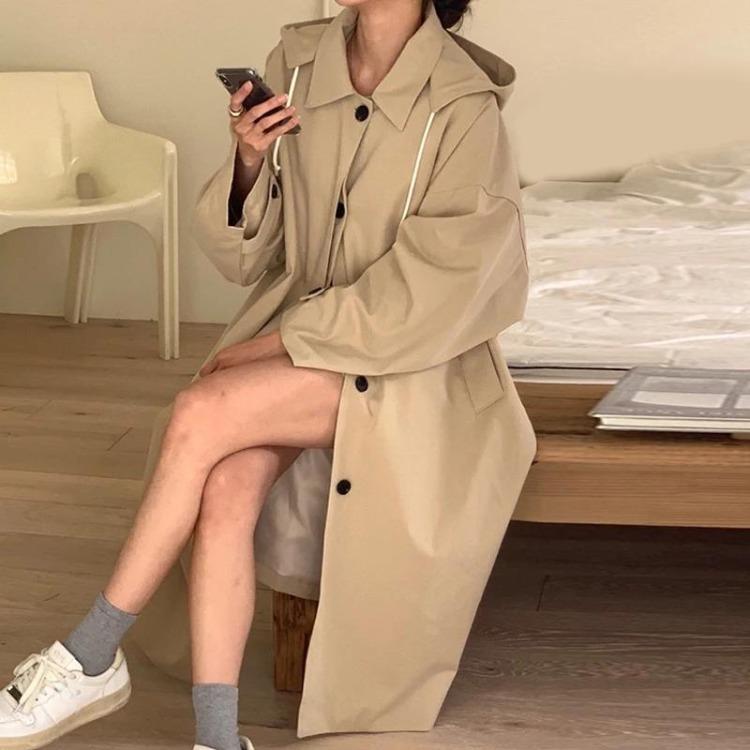 Korean Vintage Fashion Overcoat Loose Fit Single Breasted Long Coat with Detachable Hood Autumn Winter Women Outerwear Retro Long Sleeve New