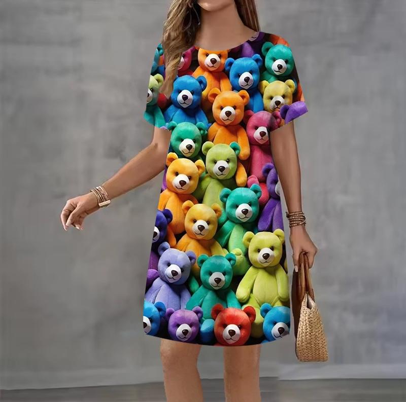 Modna letnia sukienka z nadrukiem 3D, luźna, casualowa, z krótkim rękawem, z okrągłym dekoltem, mini