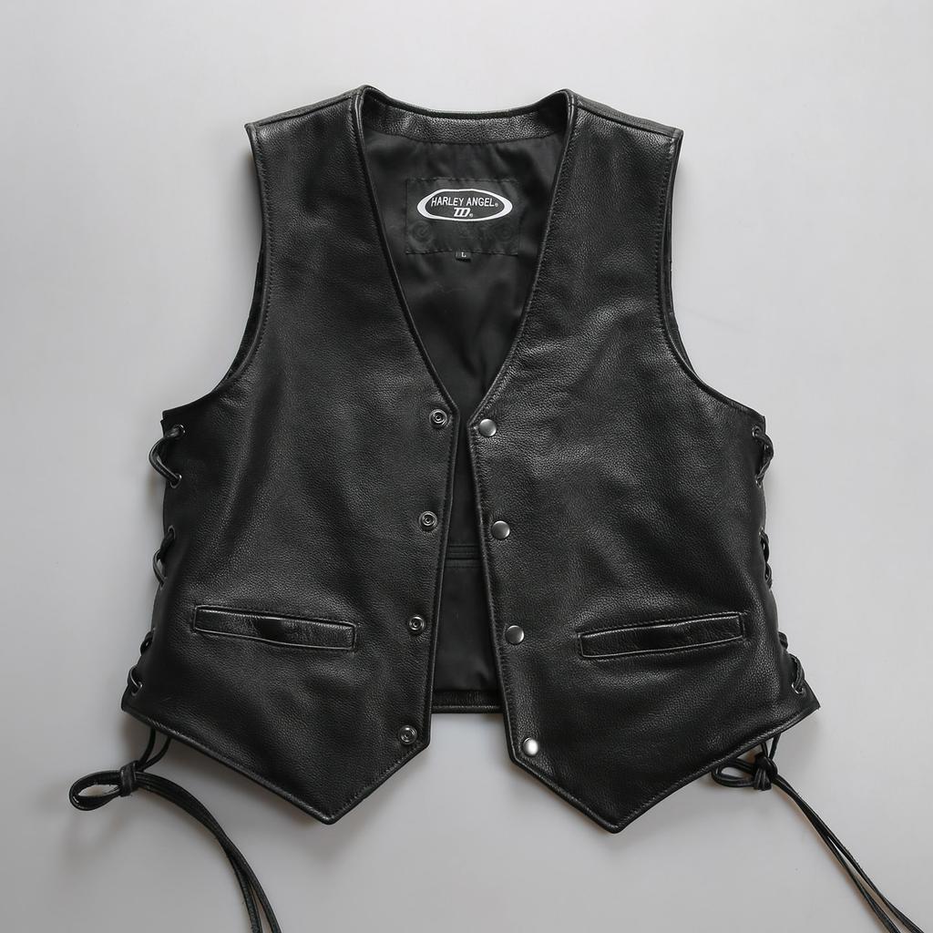 Club locomotive V-neck leather vest women's adjustable elastic leather drawstring cowhide vest