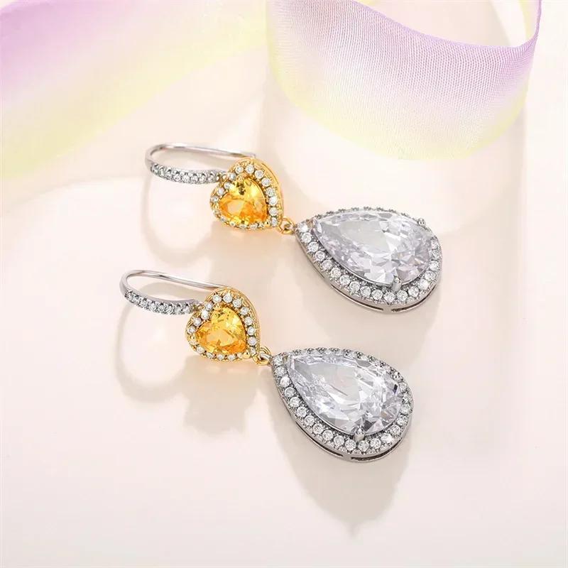 Luxury Big Water Drop Cubic Zirconia Dangle Earrings For Women Two-Tone Yellow Heart Elegant Wedding Party Jewelry