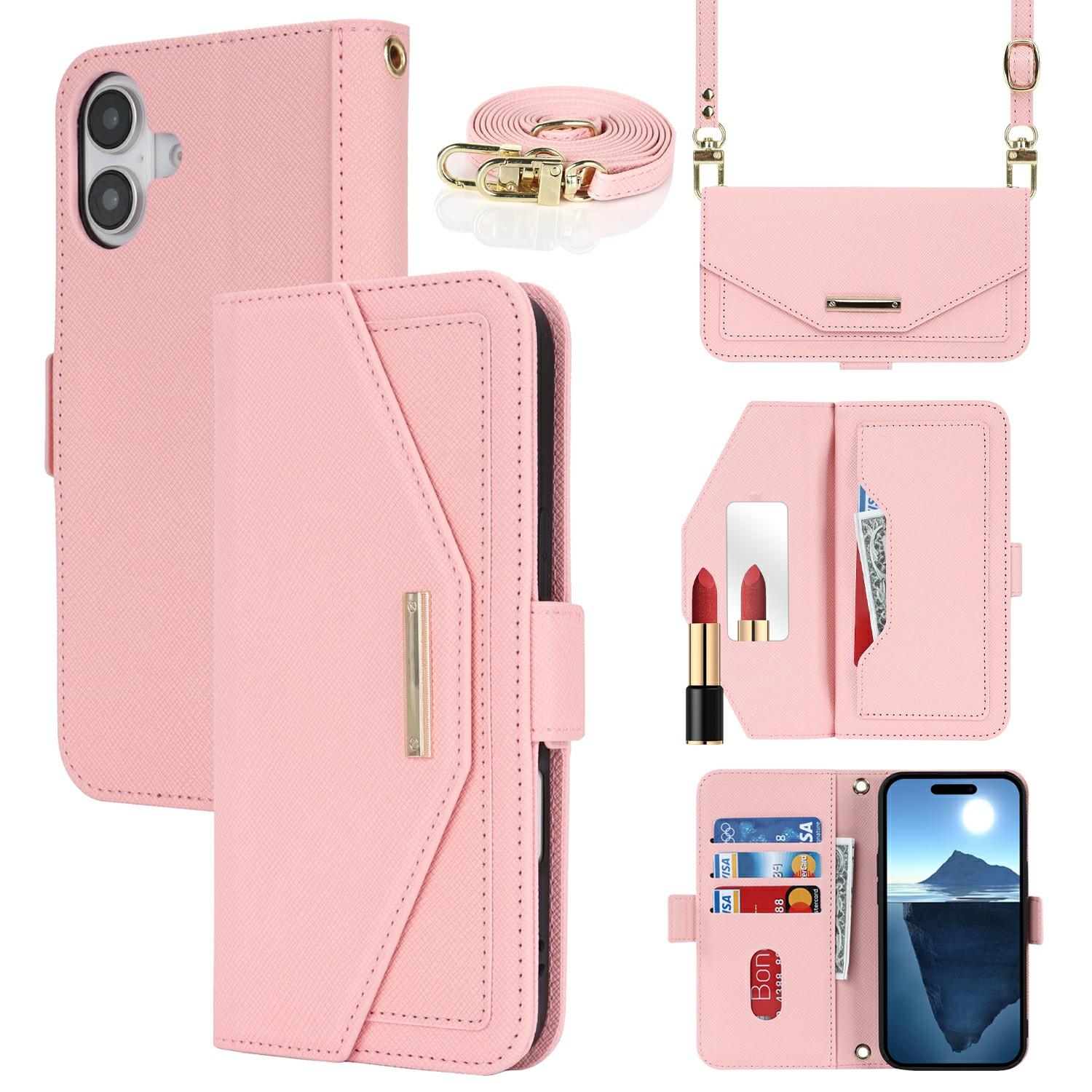 

For iPhone 16 Stand Case Cross Texture PU Leather Wallet Phone Cover with Shoulder Strap/Makeup Mirror A