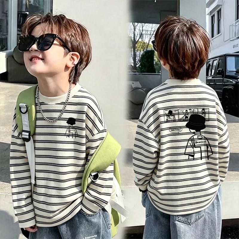 Boys' Striped Cotton Long-Sleeve T-Shirt - Trendy Spring/Autumn 2026 Patchwork Top, Medium/Large