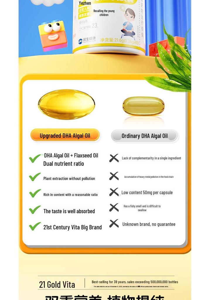 21K DHA Algal & Flaxseed Oil Softgels - 60 Capsules for Children & Teens To Enhance Memory - Genuine Product