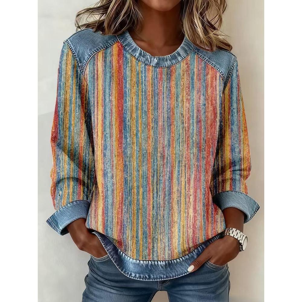 Damen karierter Patchwork-Kapuzenpullover aus Kunstdenim, Rundhals lockeres lässiges Sweatshirt, Mode bequemes Streetwear-Oberteil