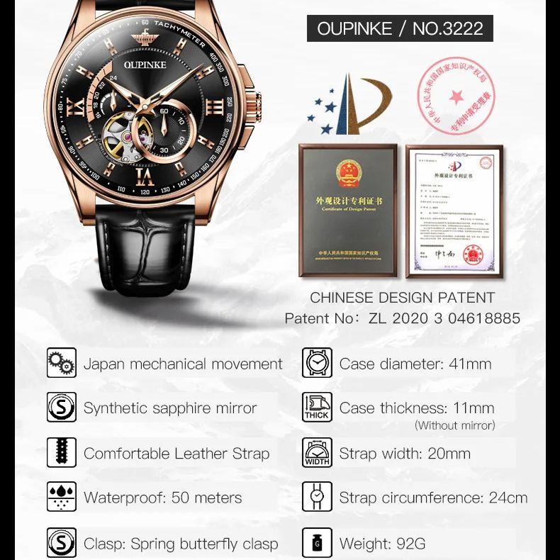 OUPINKE 3222 Original Luxury Men Watch Leather Strap 3D Hollow Chronograph Sapphire Top Brand All Automatic Men Mechanical Watch
