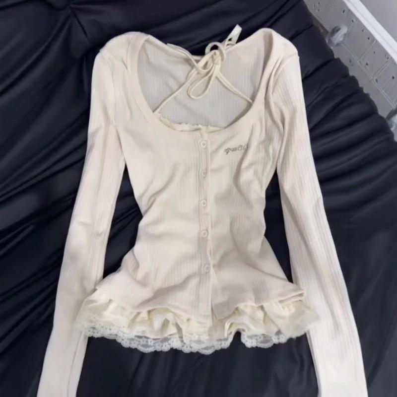 Fake Two-piece T-shirt Women's Spring Slim-fitting Design Lace Splicing Long-sleeved Top