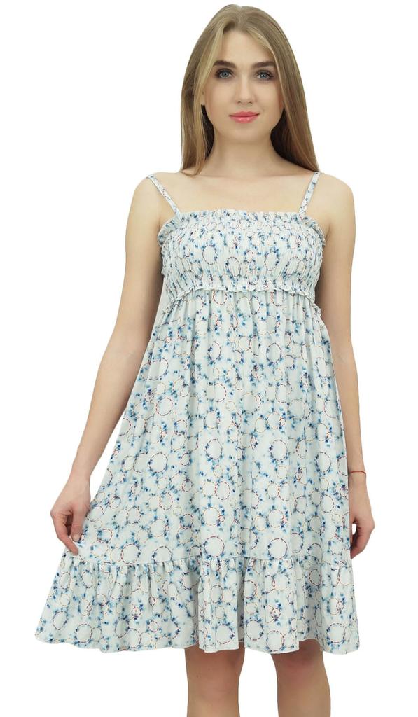 Bimba Women's Rayon Short Casual Dress Off White Shibori Printed Dresses -