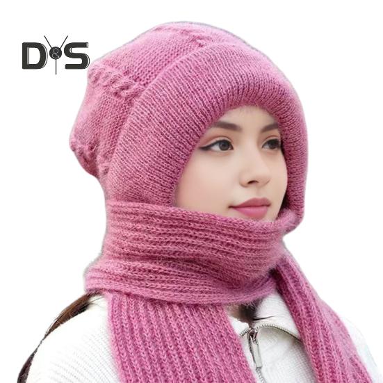 

Женская зимняя шапка со встроенным длинным шарфом, толстая теплая трикотажная ветрозащитная, высокоэластичная, полная защита, для путешествий на открытом воздухе в холодную погоду