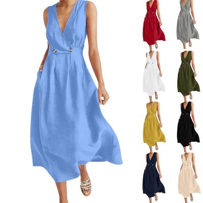 Sleeveless V Neck Midi Dress with Double Button and Flared Hem for Women Casual Elegant Style