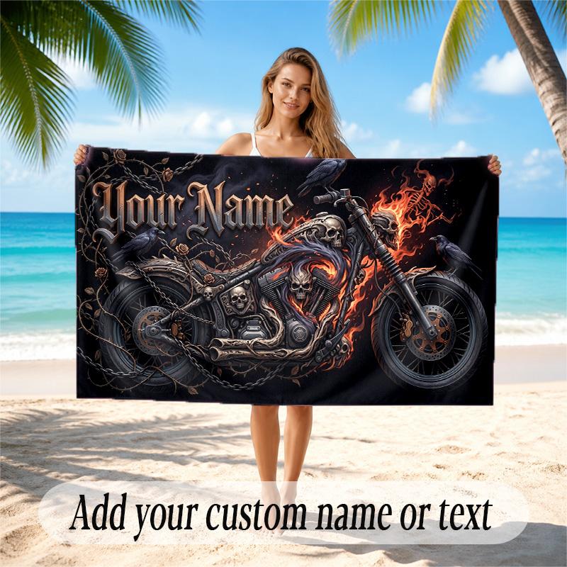Motorcycle Biker Theme Quick Dry Beach Towel Custom Name Text Print Large Sand Resistant Towel Beach Vacation