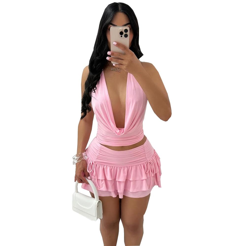 Women Halter Neck Ruffle Hem Two Piece Swimsuit Sexy Deep V Neck Cut Out Bikini Set