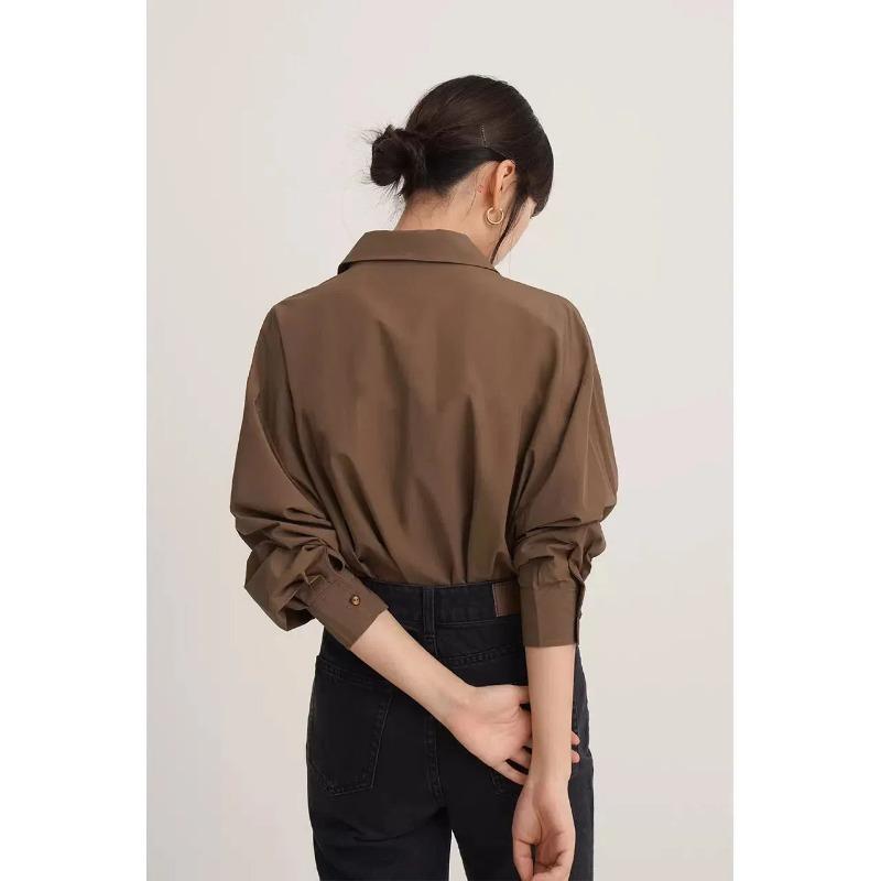 Camisa Feminina Estilo Francês Primavera Outono Nova Marrom Manga Longa Moda Design Top Solto