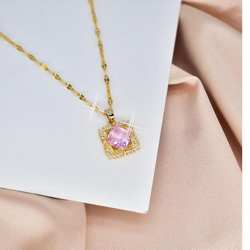 

Square Pink Zirconium Necklace Women S Simple Temperament Zircon Pendant