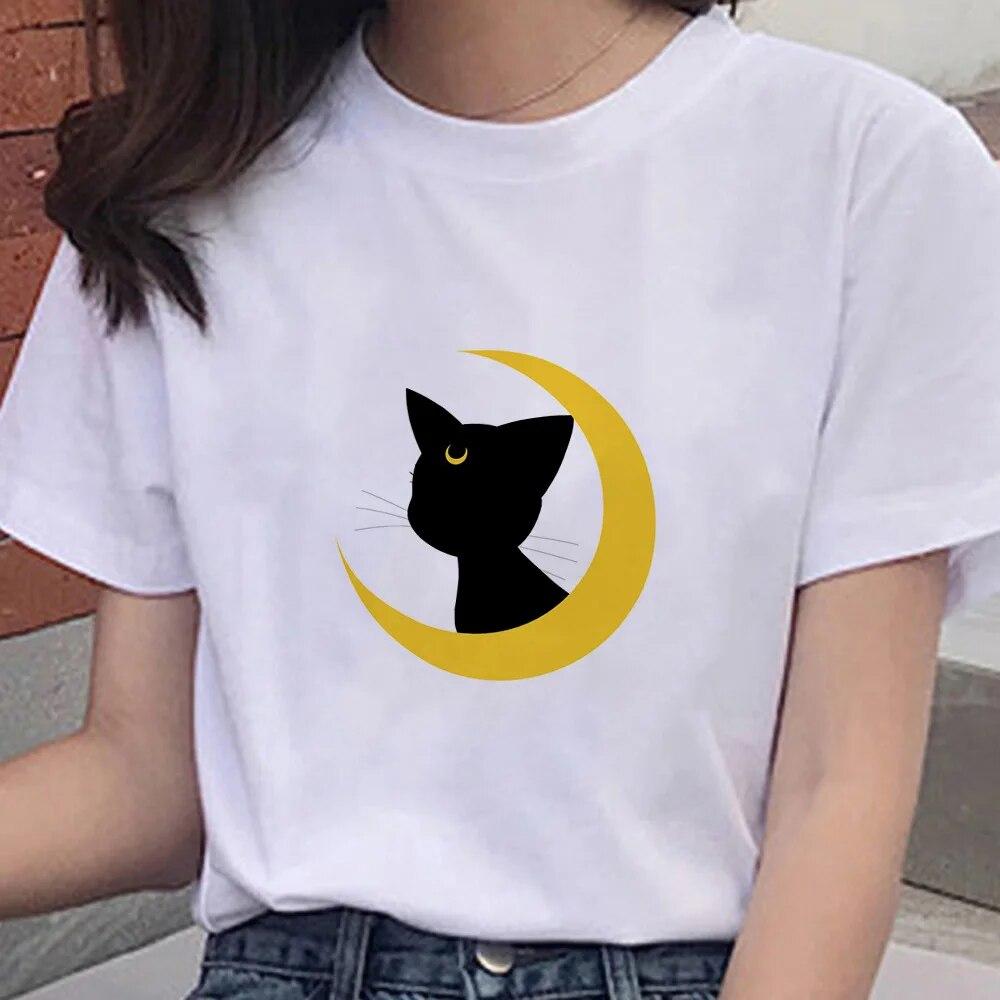 Cartoon Anime Sailor Graphic Moon Print 100 % Baumwolle T-Shirt Mode Goth Girl Kleidung Kurzarm Übergroßes Unisex Frauen T-Shirt Unisex