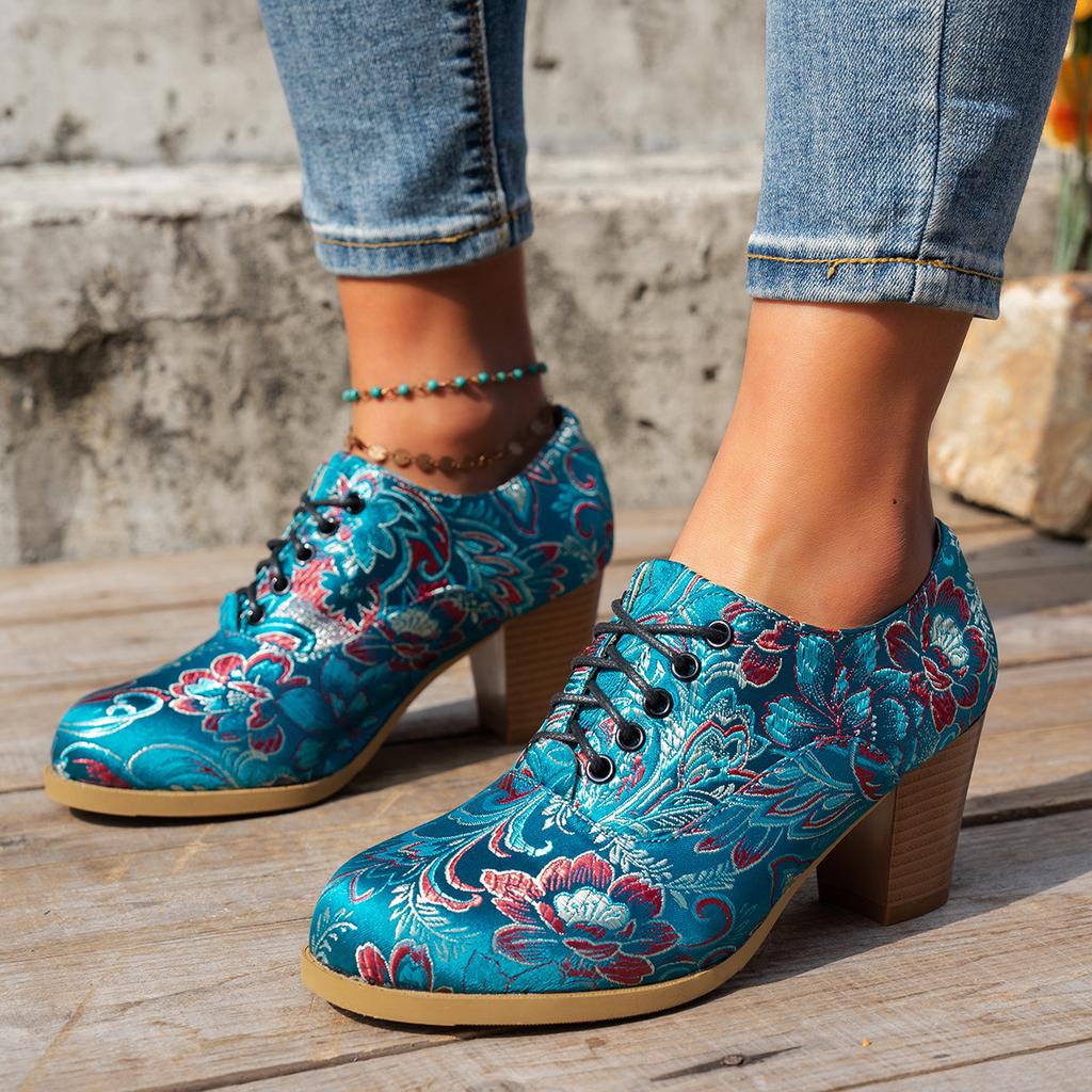 Vintage satin embroidered short boots women's lace-up high heels thick heel pointed head large size fashion boots European size