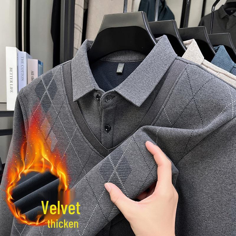 2025 Winter Men's Faux Two-Piece Sweater: New Thick Knit with Shirt Collar and Warm Velvet Layer