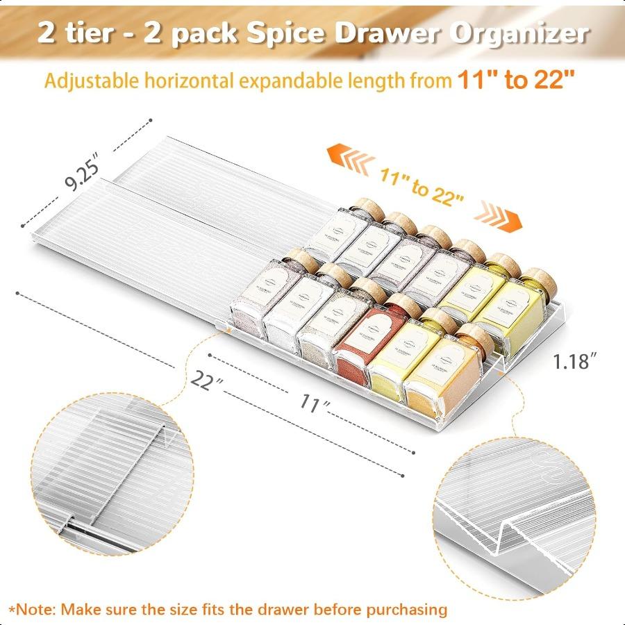 

Расширяемый органайзер для ящика для специй, 2 шт., регулируемая прозрачная акриловая подставка для специй для ящика, идеально подходит для организации специй на кухне, море United States