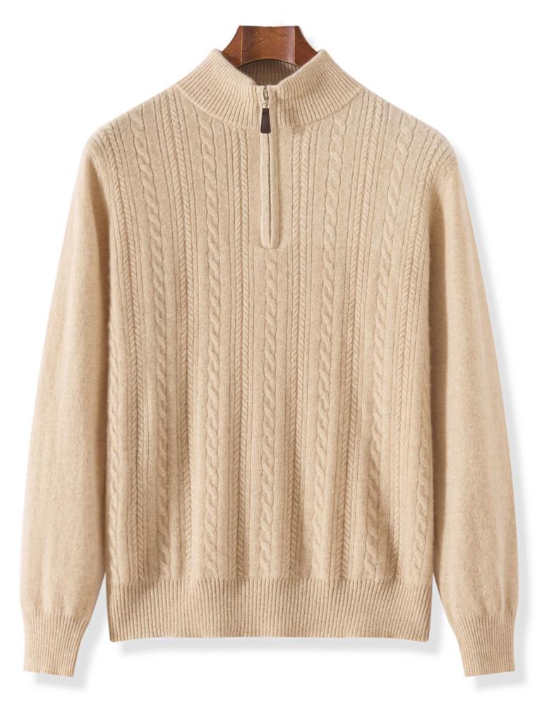 Men's Twisted Wool Sweater, Autumn/Winter, Half-High Neck, Half-Zip, Warm Knit Base Layer