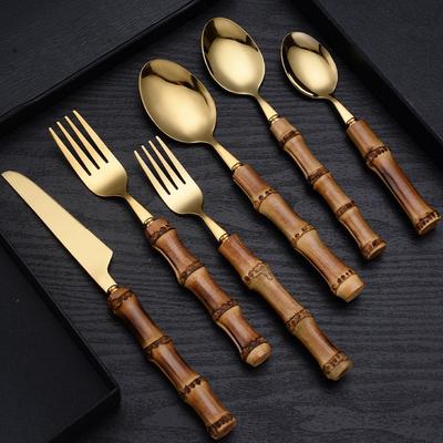 Bambu Saplı Paslanmaz Çelik Çatal Seti Tahta Kaşık ve Çatal Bıçak Seti Minimalist Altın
