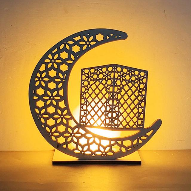 Wooden Moon Star Lights Eid Mubarak Gurbang Muslim Decoration for Home Eid Al Adha Lights