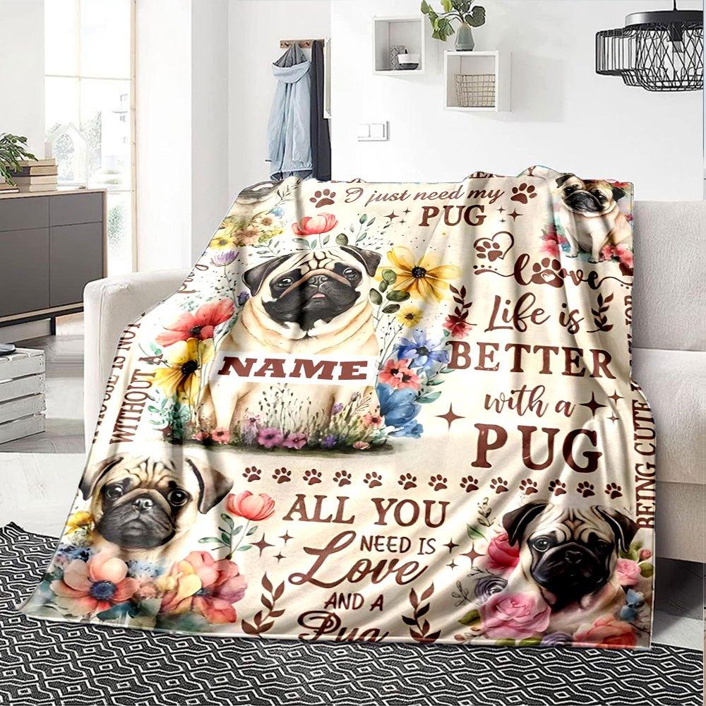 Adorable Pug Design Home Customize Your Name Blankets Soft And Cozy For All Seasons Perfect For Picnics Sofa Office Bed Living Room Ideal Gift For