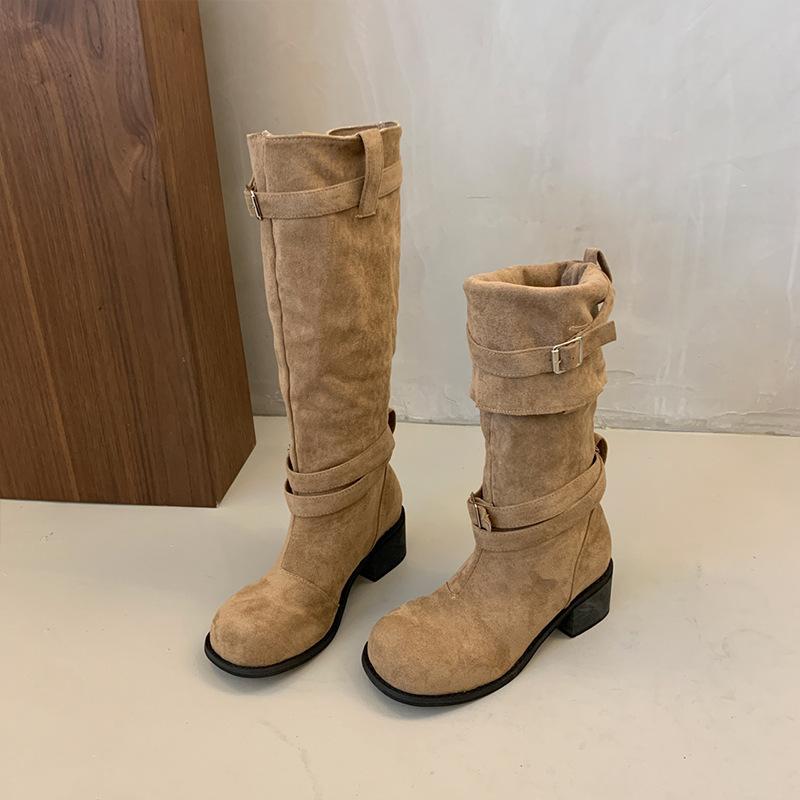 Vintage Pile Boots Western Cowboy Boots Summer 2025 New Tall Boots Women's Boots Small Khaki Boots